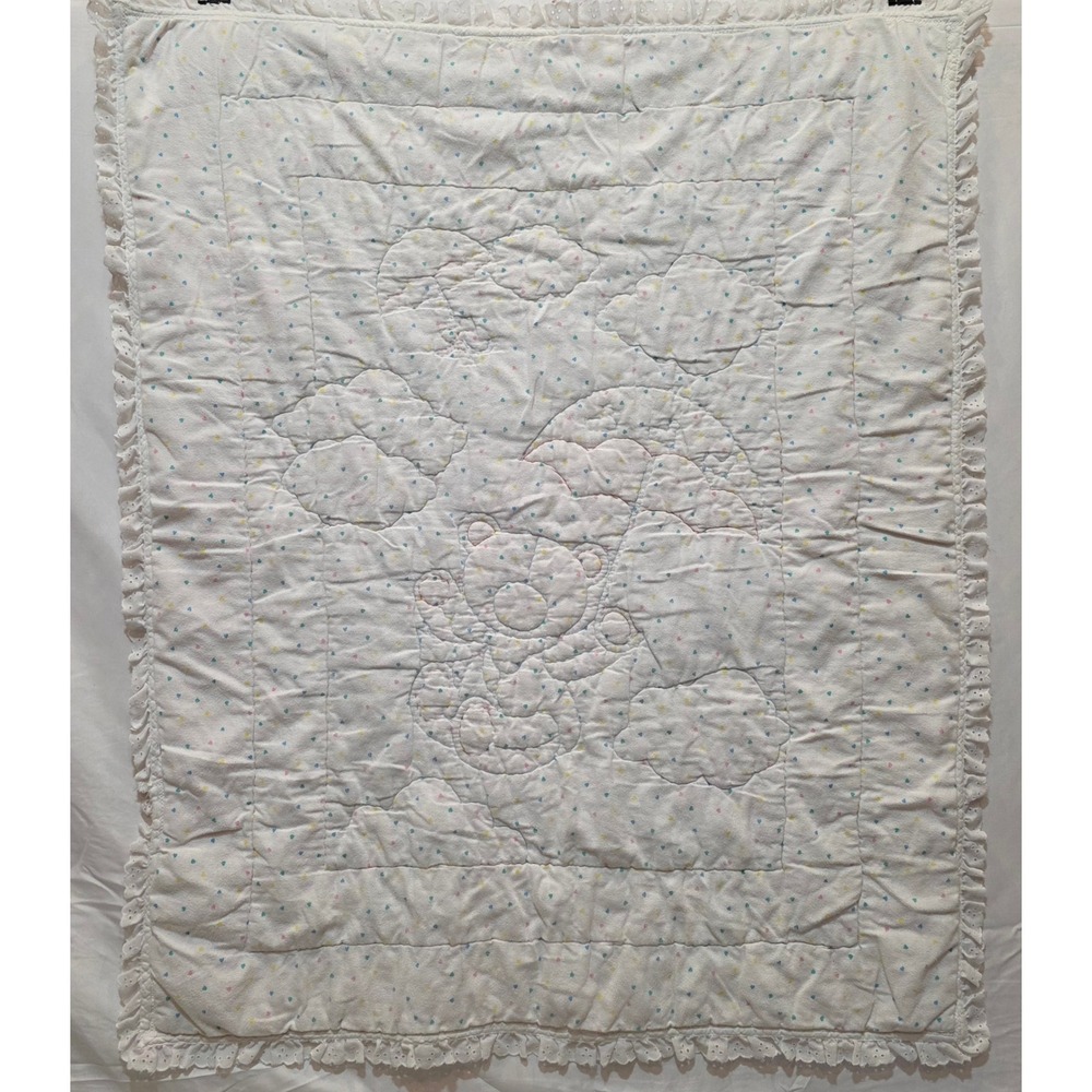 Vintage Teddy Bear Umbrella Quilt Pastel Pink Blue Eyelet Lace Baby Blanket - Picture 4 of 6